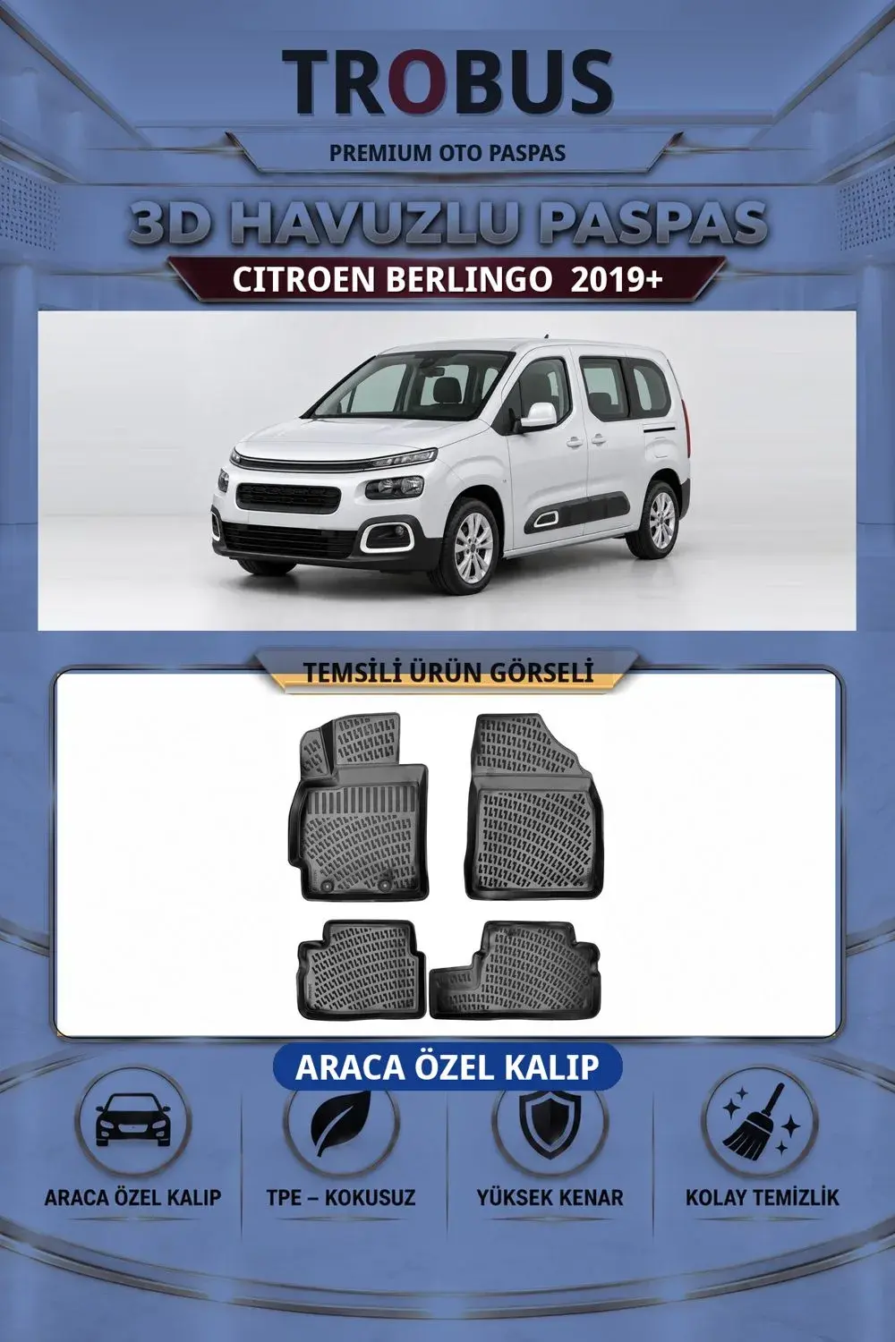 Citroen Berlingo 2019+ Araca Özel 3D Havuzlu Paspas Siyah - İtibar