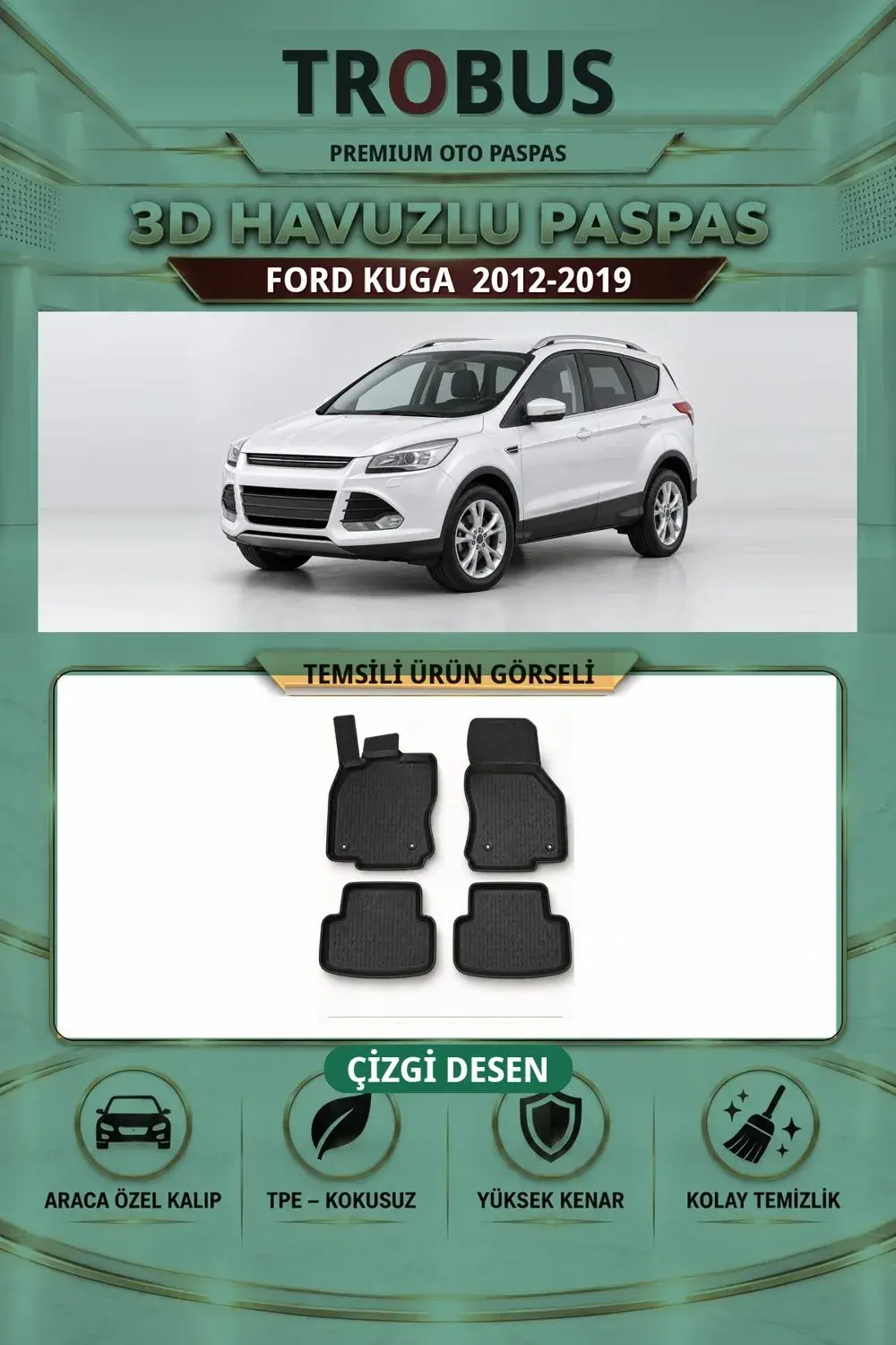 Ford Kuga 2012-2019 Çizgi Desen 3D Havuzlu Paspas Takımı