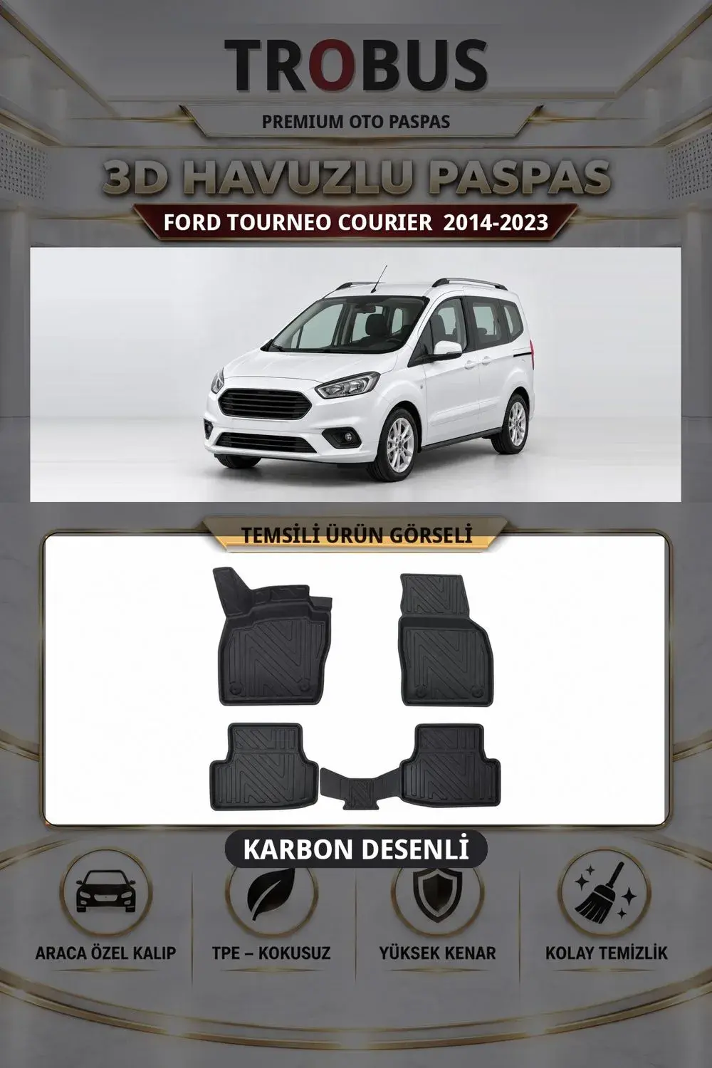 Ford Tourneo Courier 2014-2023 Karbon Desenli Premium 3D Havuzlu Oto Paspas