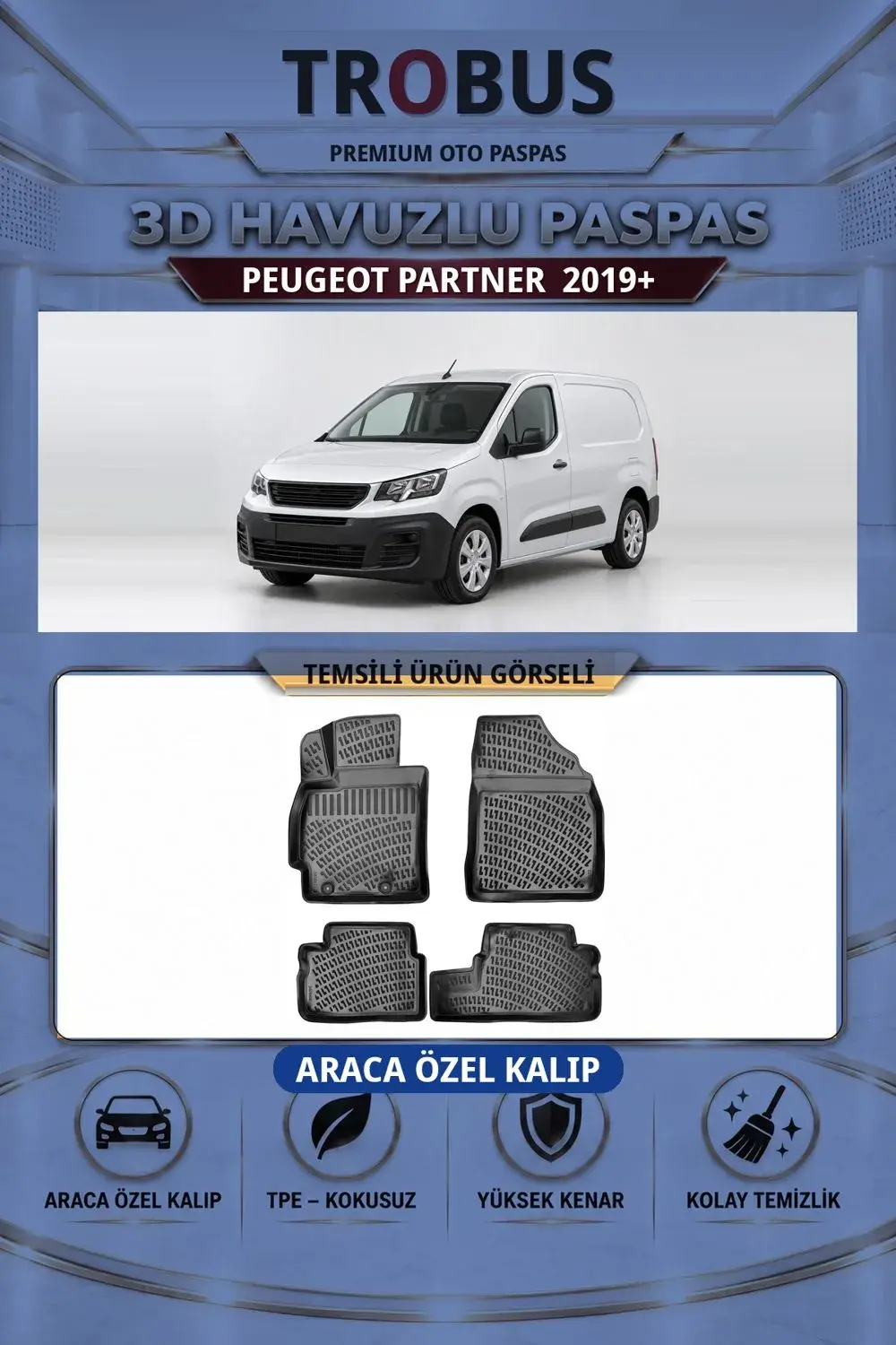 Peugeot Partner 2019+ Araca Özel 3D Havuzlu Paspas Siyah - İtibar