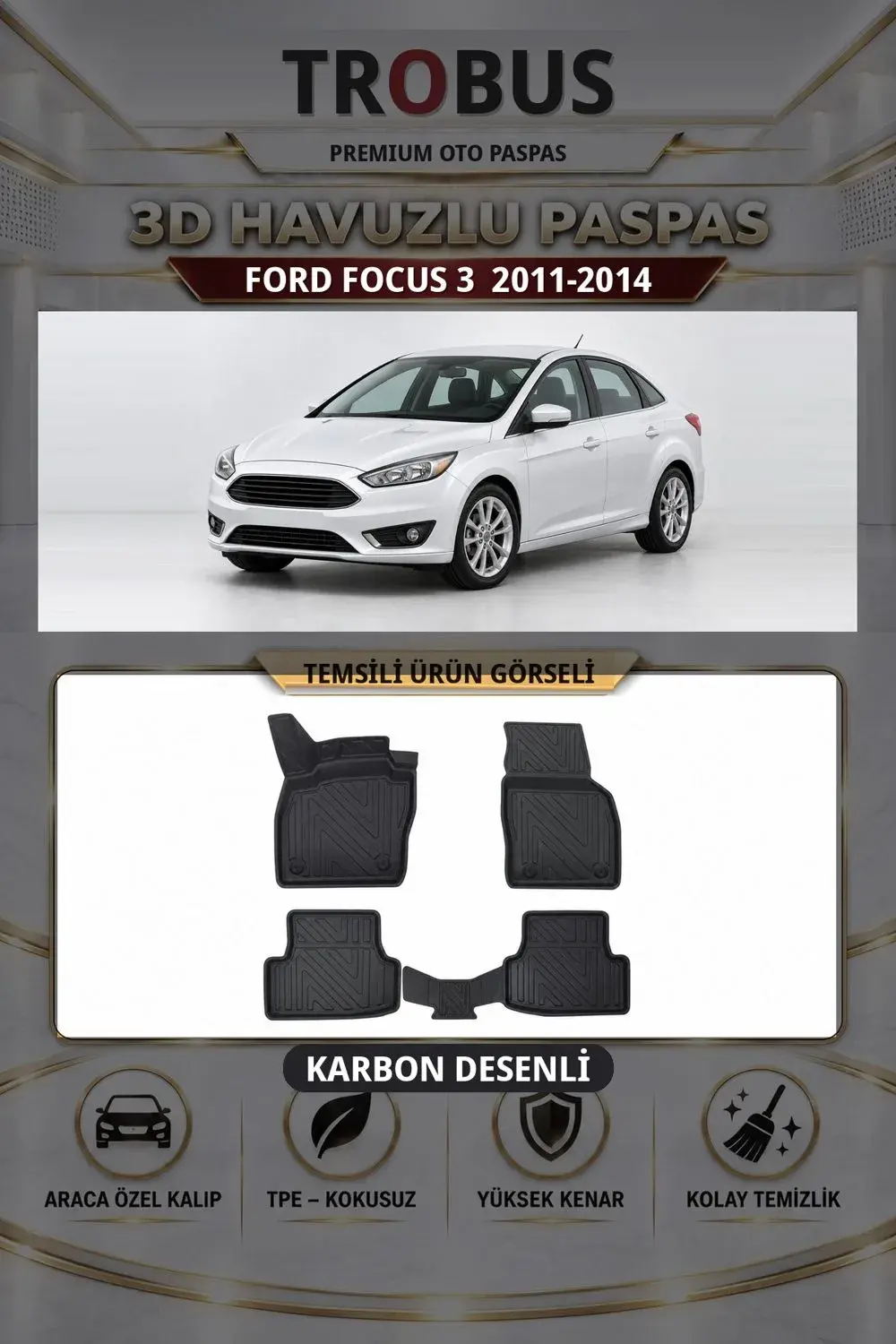 Ford Focus 3 2011-2014 Karbon Desenli Premium 3D Havuzlu Oto Paspas