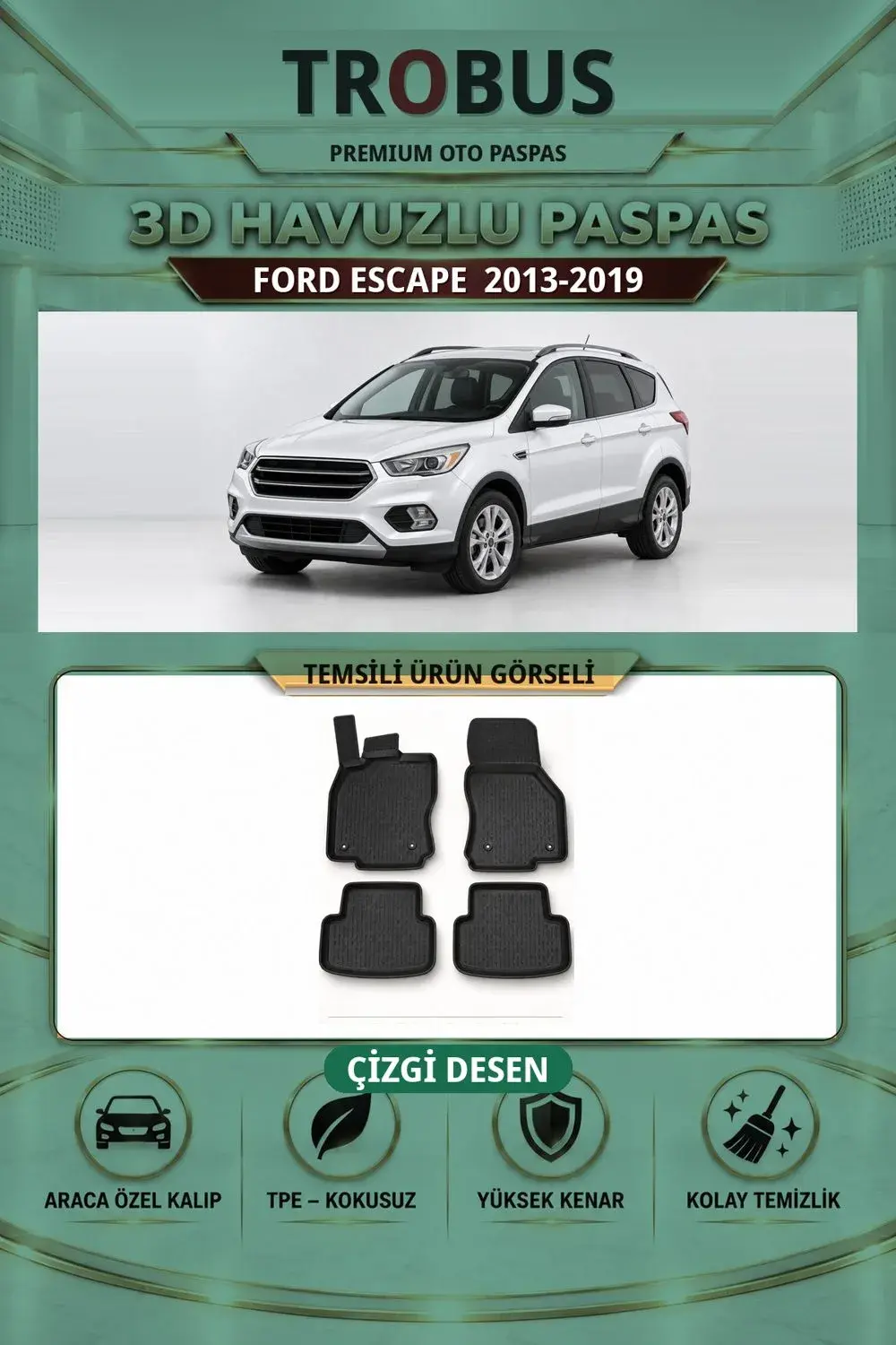 Ford Escape 2013-2019 Çizgi Desen 3D Havuzlu Paspas Takımı
