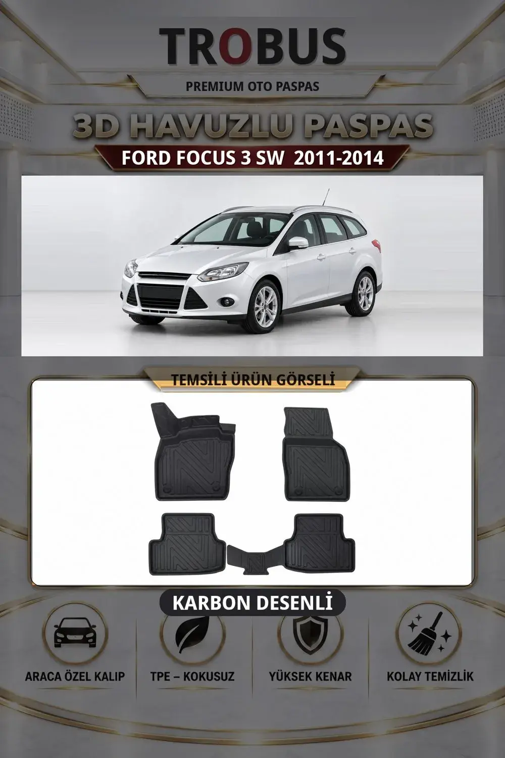 Ford Focus 3 SW 2011-2014 Karbon Desenli Premium 3D Havuzlu Oto Paspas