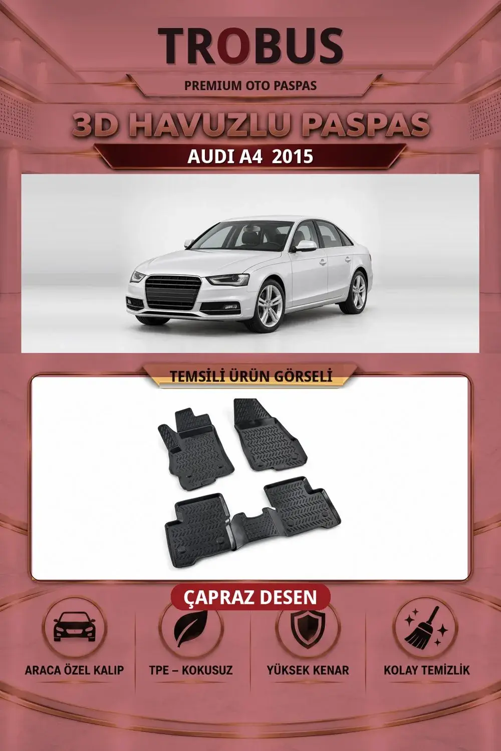 Audi A4 2015 Çapraz Desen 3D Havuzlu Oto Paspas Seti