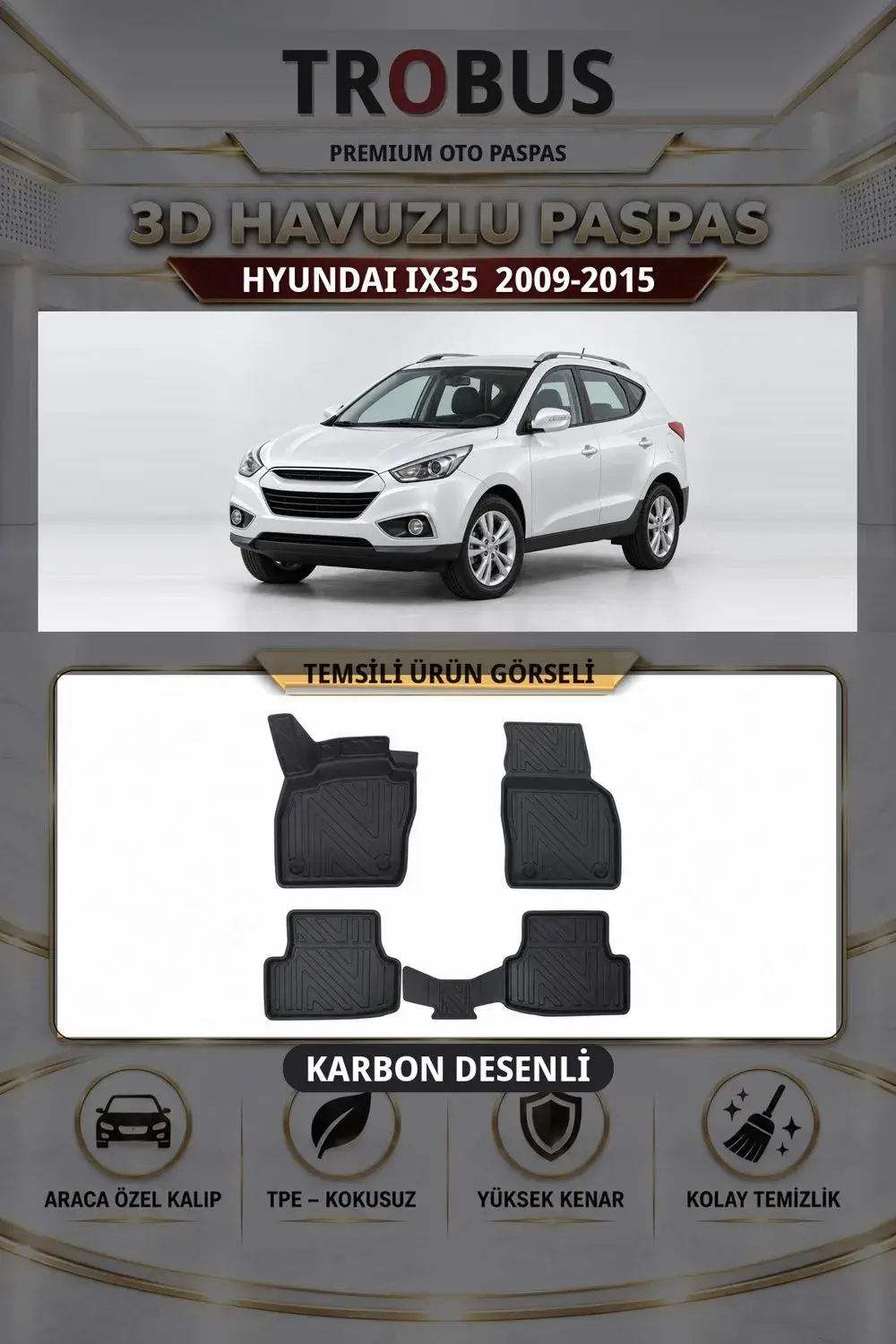 Hyundai ix35 2009-2015 Karbon Desenli Premium 3D Havuzlu Oto Paspas