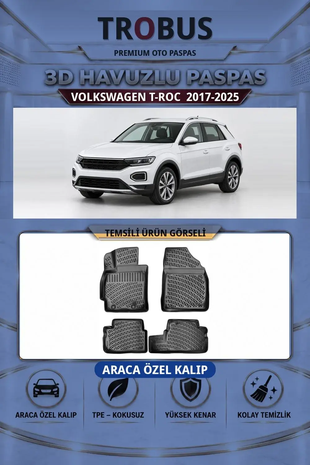 Volkswagen T-Roc 2017-2025 Araca Özel 3D Havuzlu Paspas Siyah - İtibar