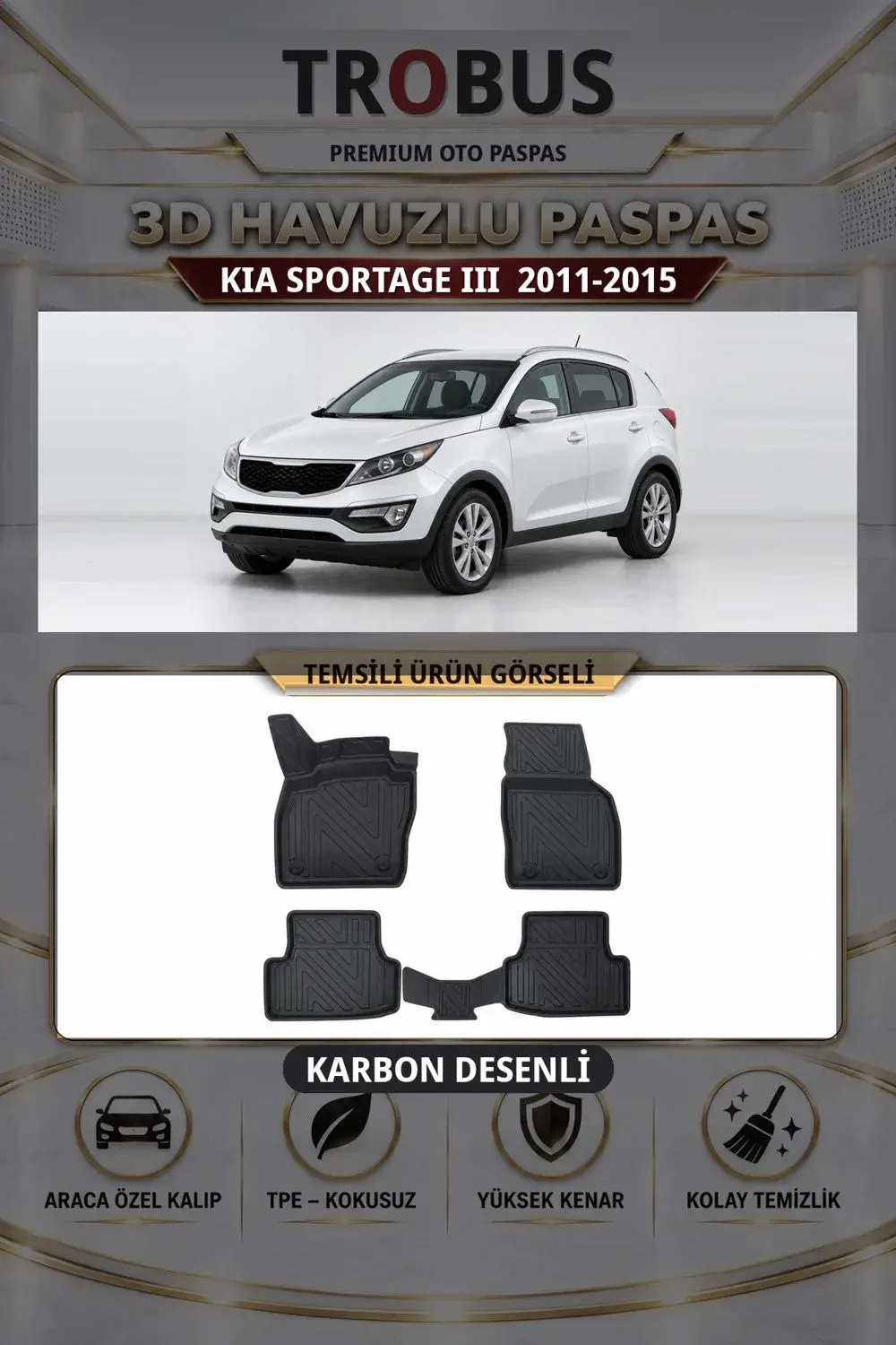 Kia Sportage III 2011-2015 Karbon Desenli Premium 3D Havuzlu Oto Paspas