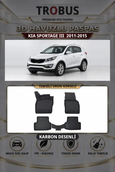 Kia Sportage III 2011-2015 Karbon Desenli Premium 3D Havuzlu Oto Paspas