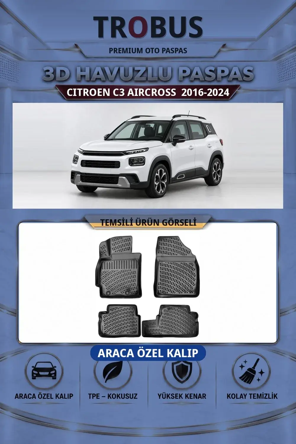 Citroen C3 Aircross 2016-2024 Araca Özel 3D Havuzlu Paspas Siyah - İtibar