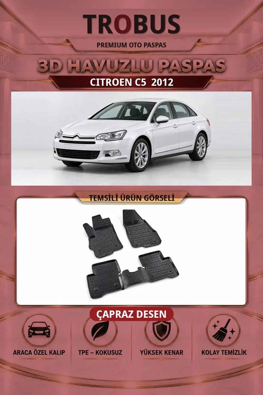 Citroen C5 2012 Çapraz Desen 3D Havuzlu Oto Paspas Seti