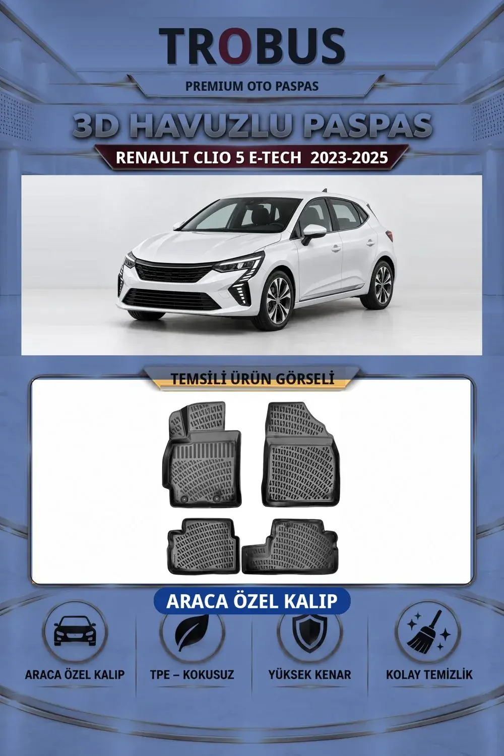 Renault Clio 5 E-Tech 2023-2025 Araca Özel 3D Havuzlu Paspas Siyah - İtibar