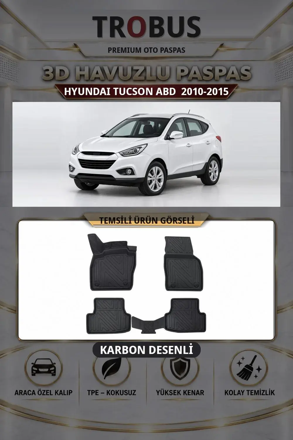 Hyundai Tucson (ABD) 2010-2015 Karbon Desenli Premium 3D Havuzlu Oto Paspas