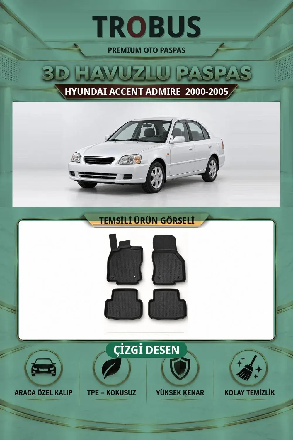 Hyundai Accent Admire 2000-2005 Çizgi Desen 3D Havuzlu Paspas Takımı