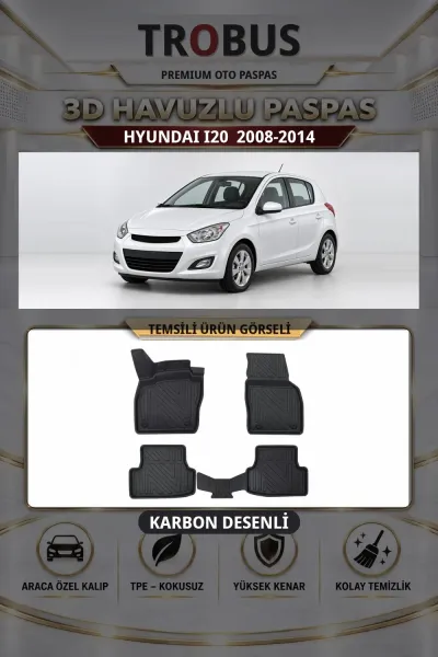 Hyundai i20 2008-2014 Karbon Desenli Premium 3D Havuzlu Oto Paspas