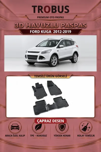 Ford Kuga 2012-2019 Çapraz Desen 3D Havuzlu Oto Paspas Seti