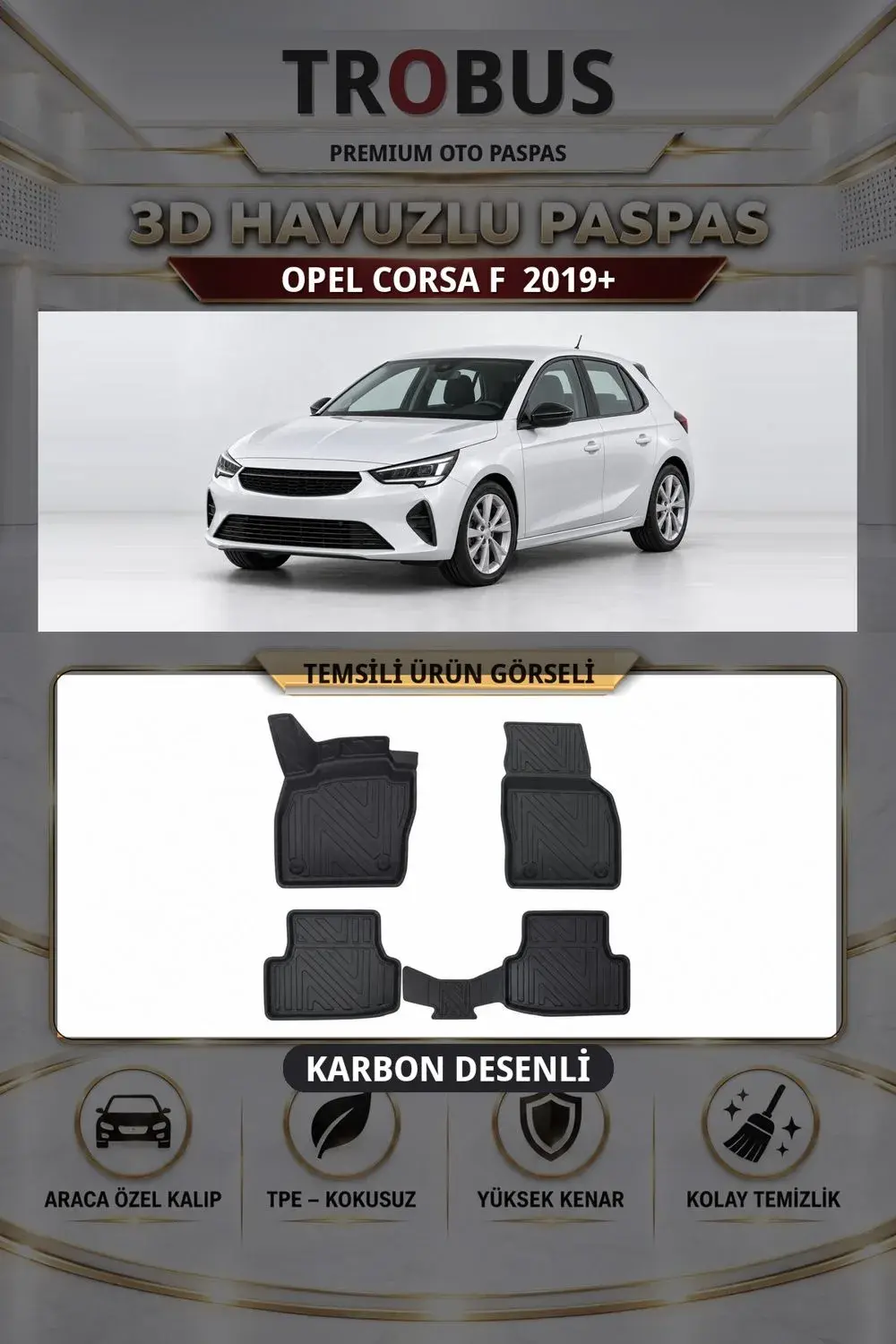 Opel Corsa F 2019+ Karbon Desenli Premium 3D Havuzlu Oto Paspas