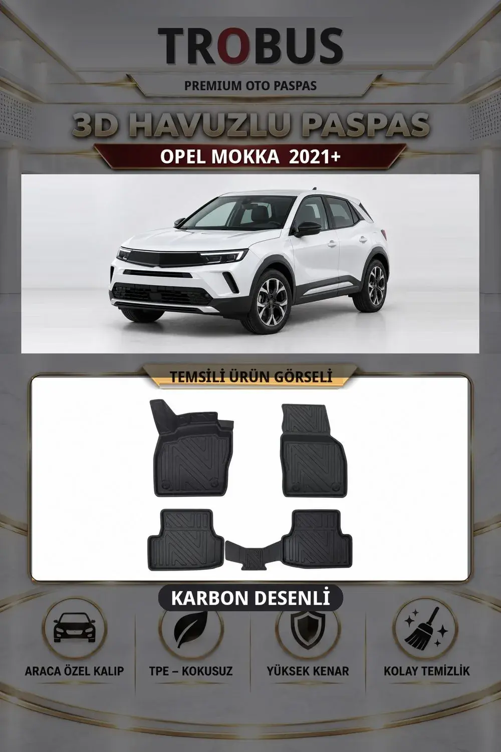 Opel Mokka 2021+ Karbon Desenli Premium 3D Havuzlu Oto Paspas