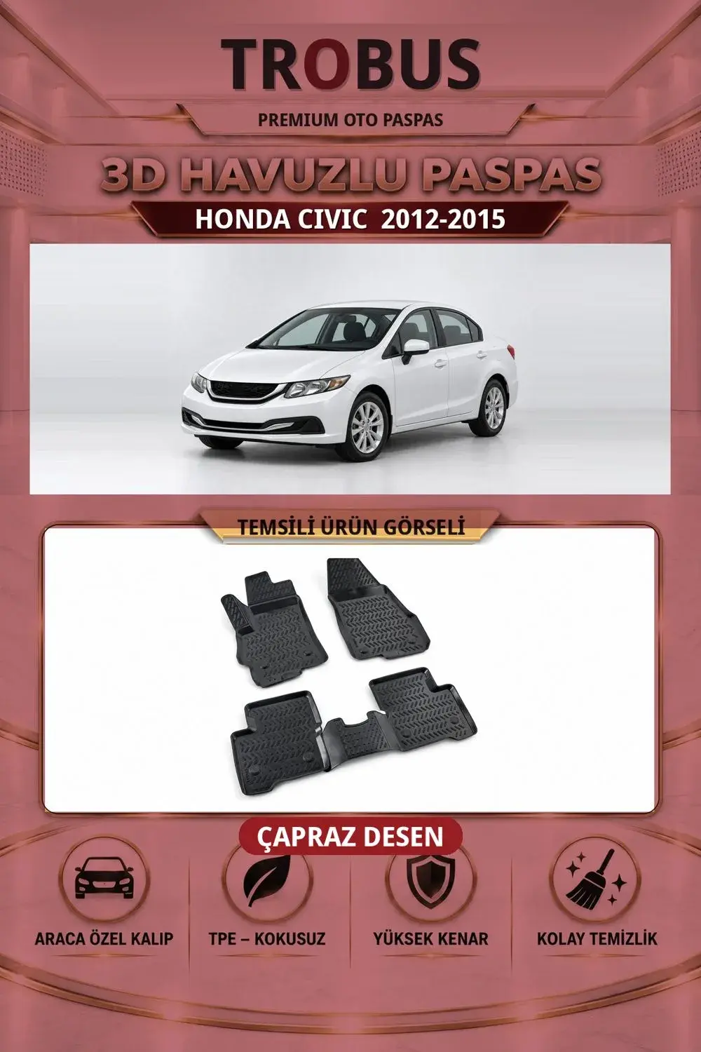 Honda Civic 2012-2015 Çapraz Desen 3D Havuzlu Oto Paspas Seti
