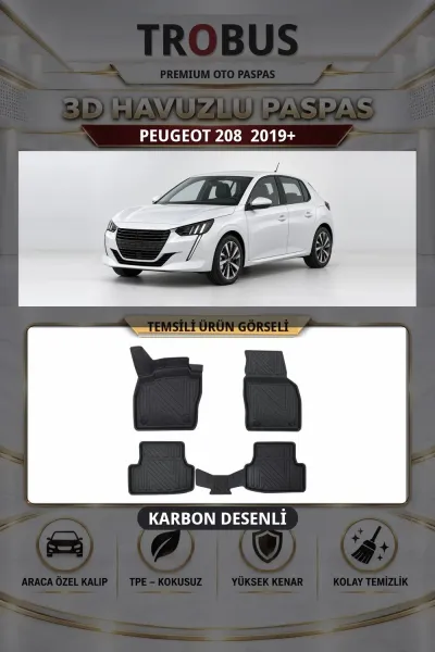 Peugeot 208 2019+ Karbon Desenli Premium 3D Havuzlu Oto Paspas