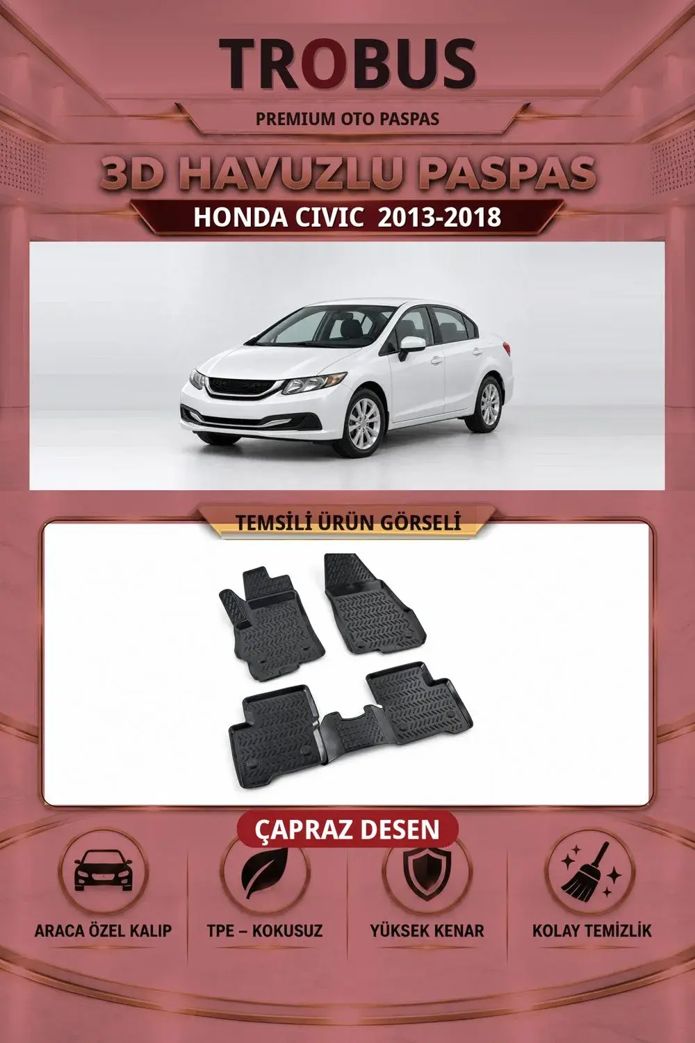 Honda Civic 2013-2018 Çapraz Desen 3D Havuzlu Oto Paspas Seti