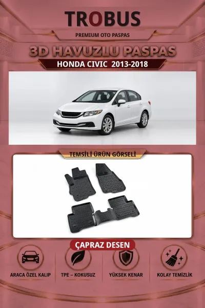 Honda Civic 2013-2018 Çapraz Desen 3D Havuzlu Oto Paspas Seti