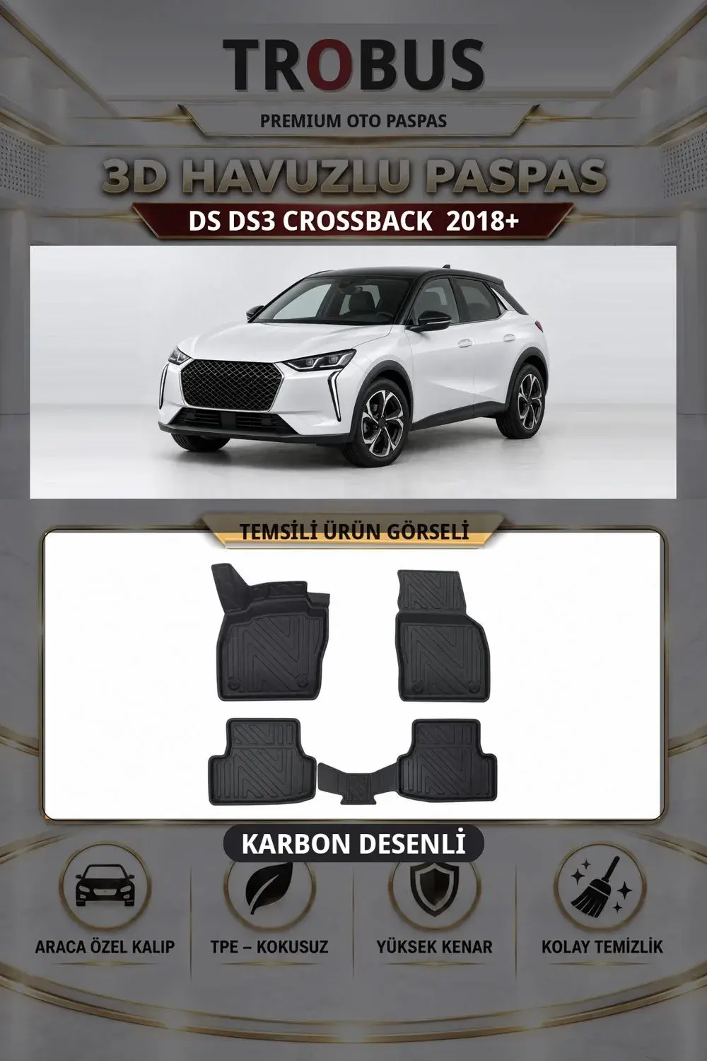 DS DS3 Crossback 2018+ Karbon Desenli Premium 3D Havuzlu Oto Paspas