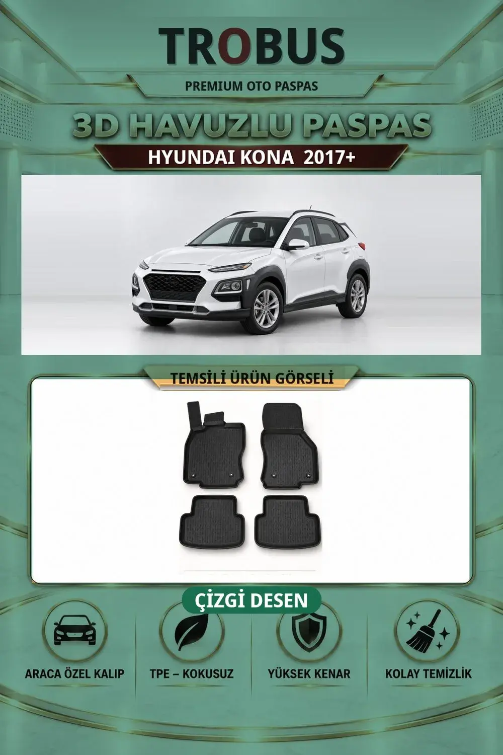 Hyundai Kona 2017+ Çizgi Desen 3D Havuzlu Paspas Takımı