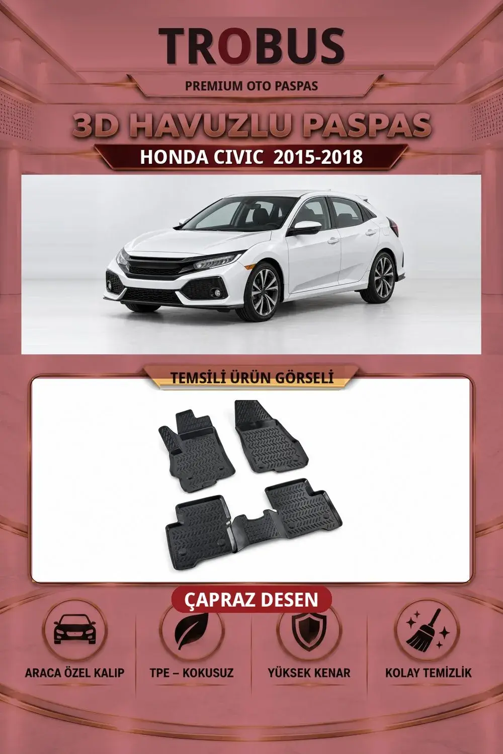 Honda Civic 2015-2018 Çapraz Desen 3D Havuzlu Oto Paspas Seti