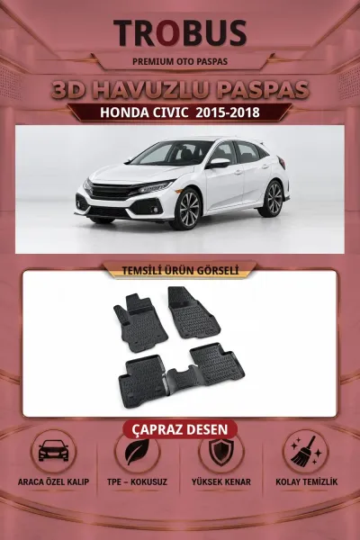 Honda Civic 2015-2018 Çapraz Desen 3D Havuzlu Oto Paspas Seti