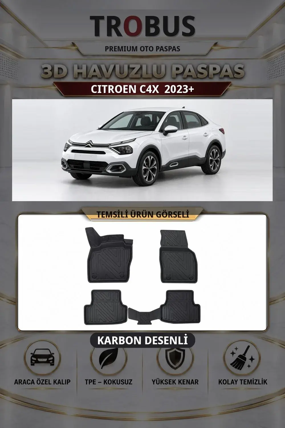 Citroen C4X 2023+ Karbon Desenli Premium 3D Havuzlu Oto Paspas