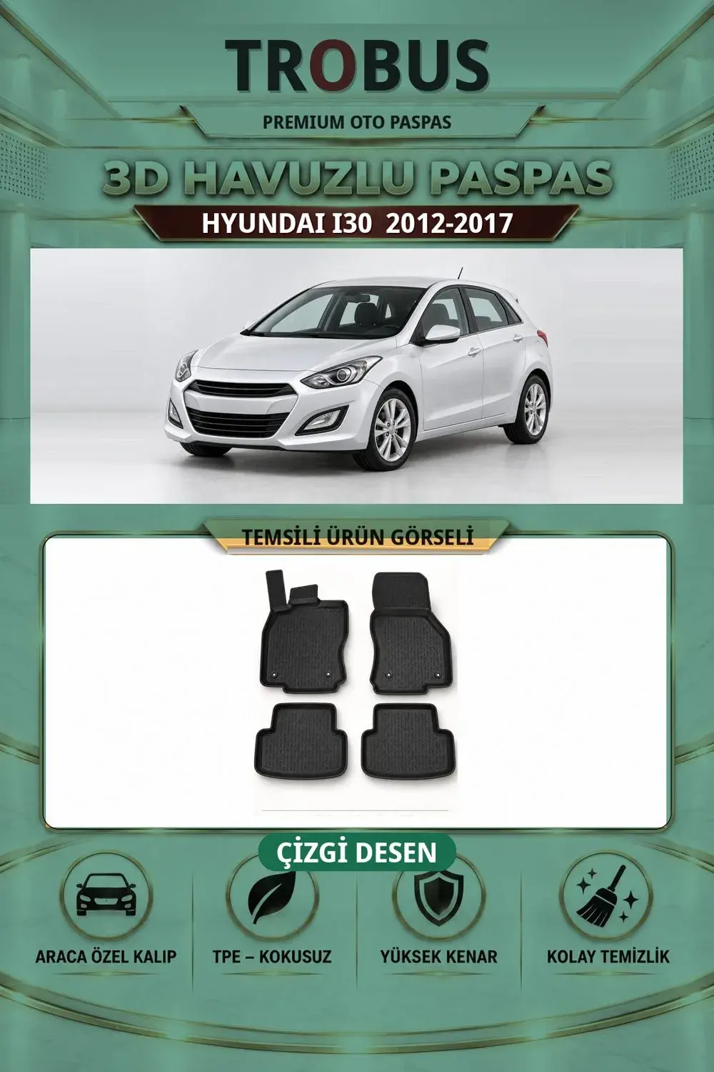 Hyundai i30 2012-2017 Çizgi Desen 3D Havuzlu Paspas Takımı