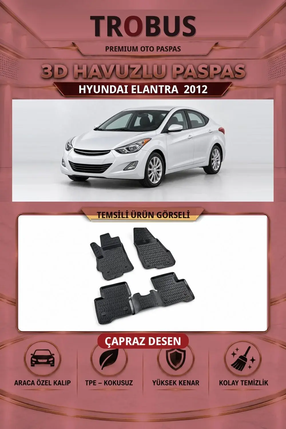 Hyundai Elantra 2012 Çapraz Desen 3D Havuzlu Oto Paspas Seti