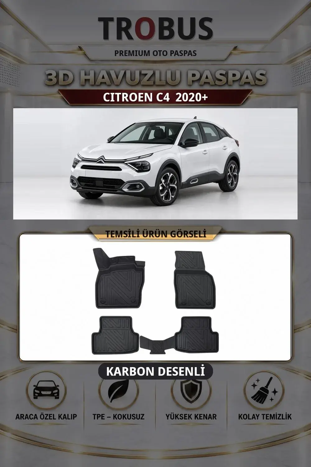 Citroen C4 2020+ Karbon Desenli Premium 3D Havuzlu Oto Paspas
