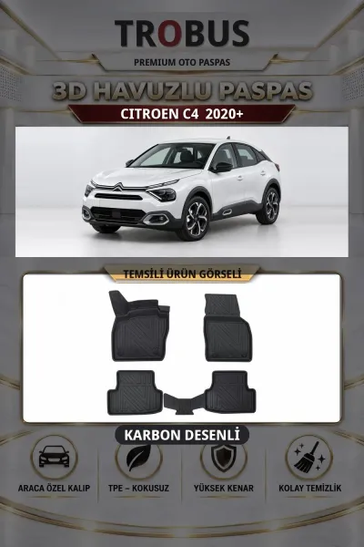 Citroen C4 2020+ Karbon Desenli Premium 3D Havuzlu Oto Paspas