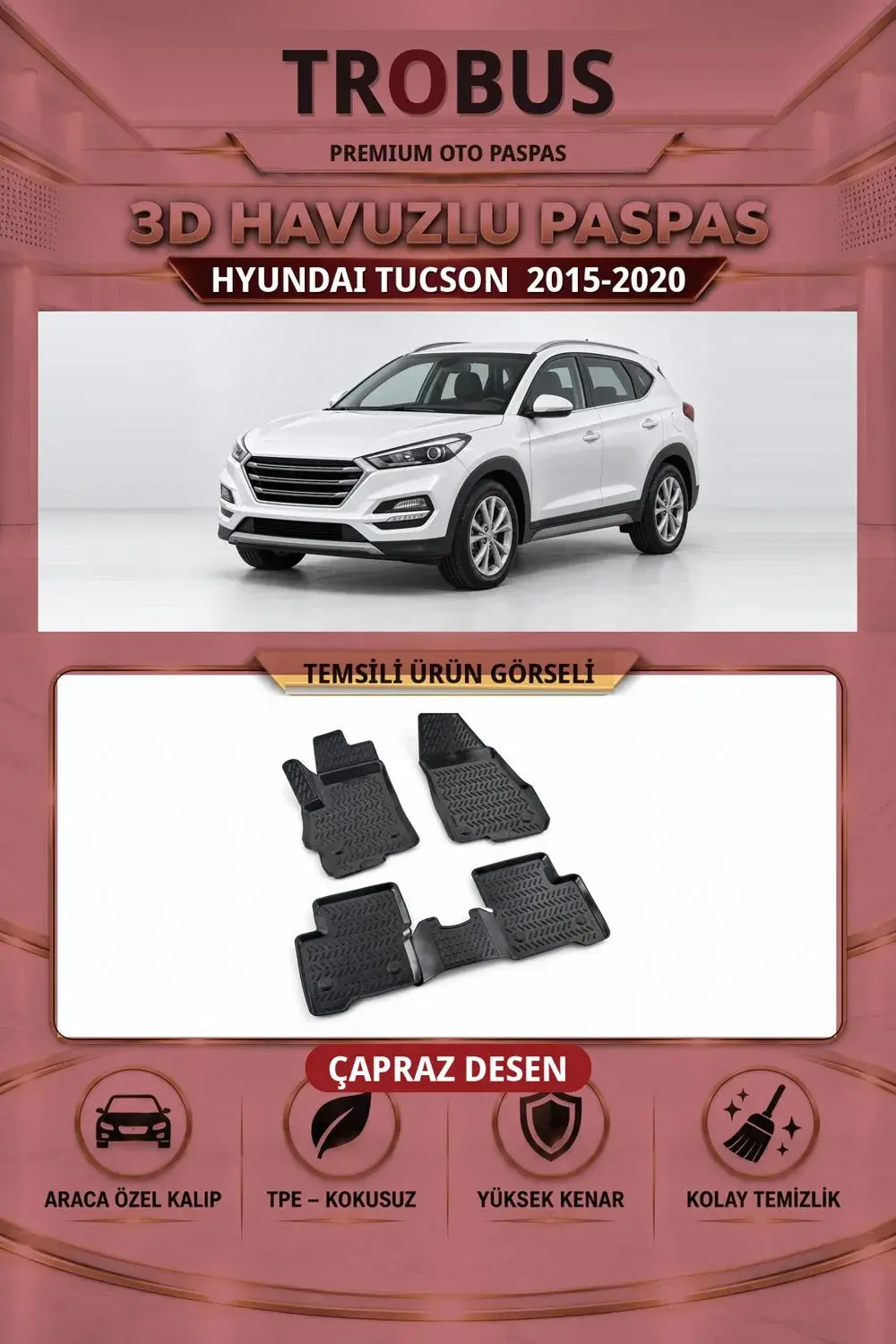 Hyundai Tucson 2015-2020 Çapraz Desen 3D Havuzlu Oto Paspas Seti