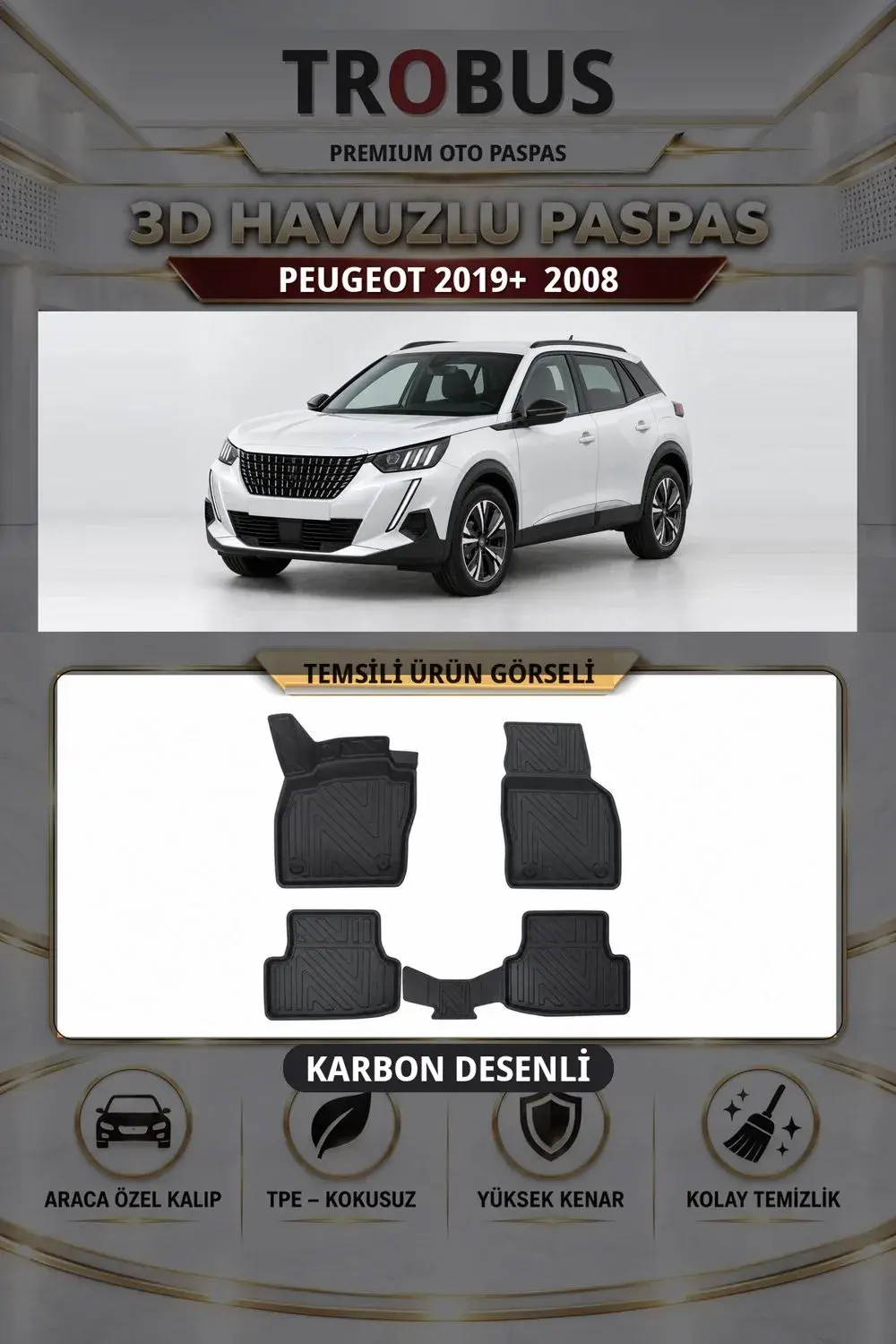 Peugeot 2008 2019+ Karbon Desenli Premium 3D Havuzlu Oto Paspas