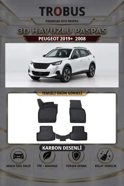 Peugeot 2008 2019+ Karbon Desenli Premium 3D Havuzlu Oto Paspas