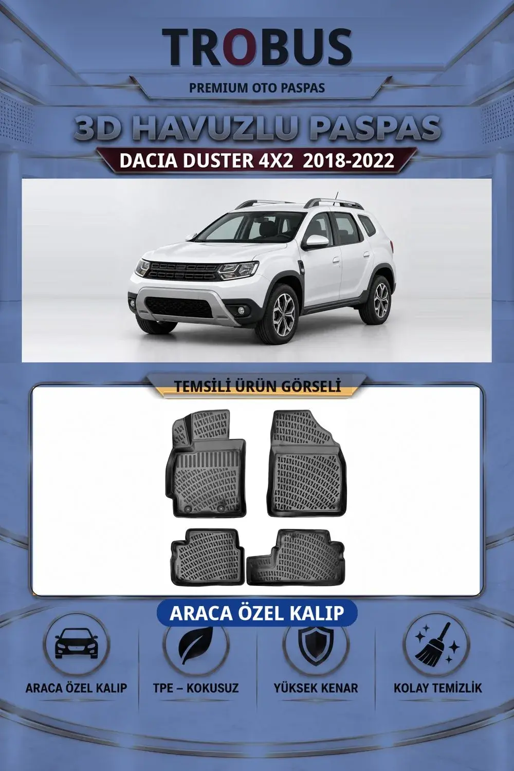 Dacia Duster 4X2 2018-2022 Araca Özel 3D Havuzlu Paspas Siyah - İtibar