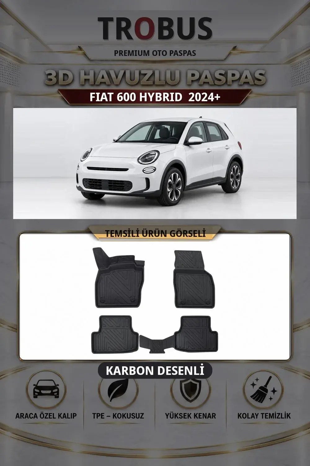 Fiat 600 Hybrid 2024+ Karbon Desenli Premium 3D Havuzlu Oto Paspas