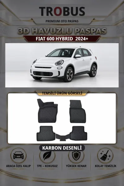Fiat 600 Hybrid 2024+ Karbon Desenli Premium 3D Havuzlu Oto Paspas