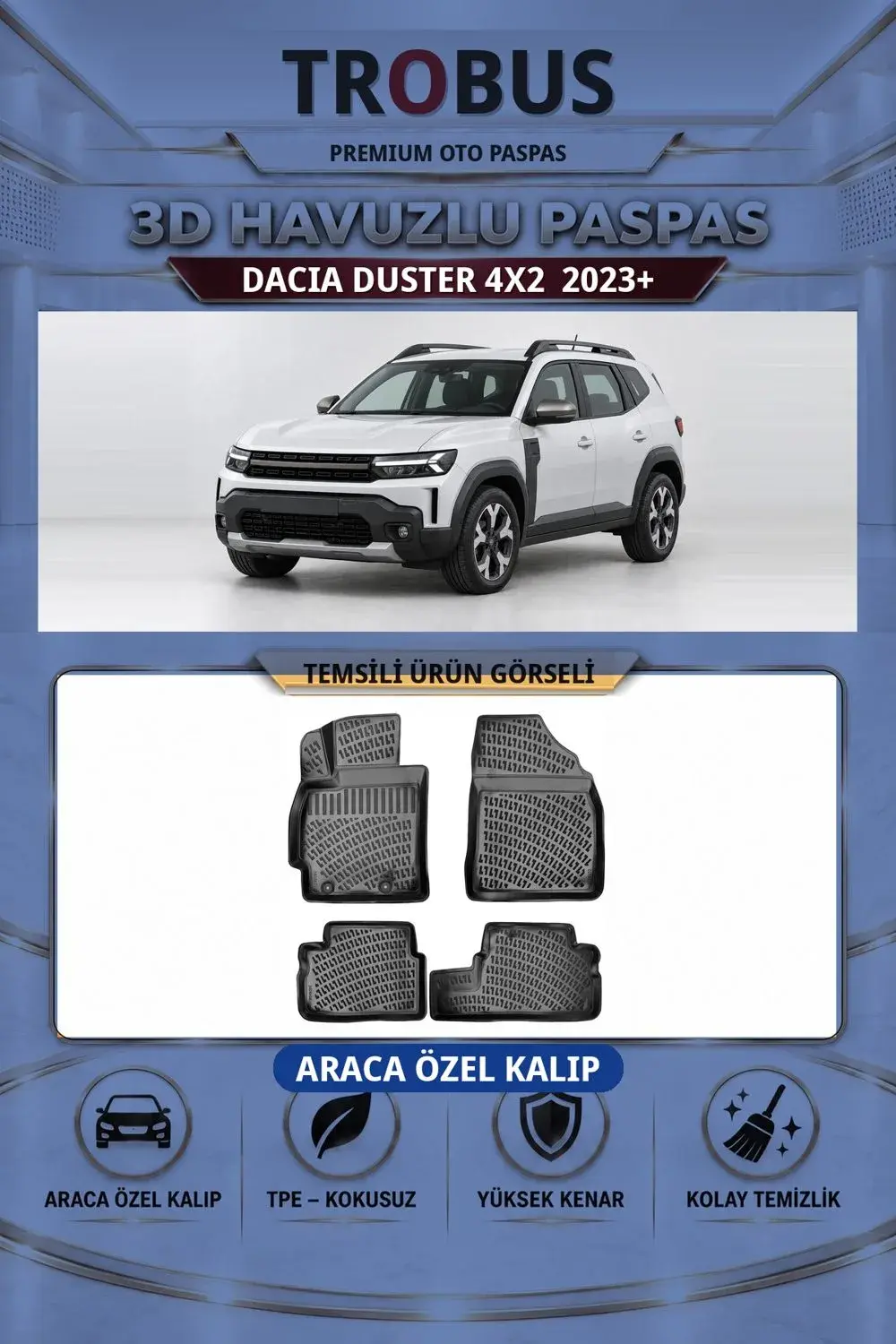 Dacia Duster 4X2 2023+ Araca Özel 3D Havuzlu Paspas Siyah - İtibar