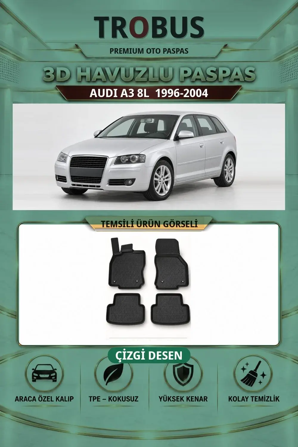 Audi A3 8L 1996-2004 Çizgi Desen 3D Havuzlu Paspas Takımı