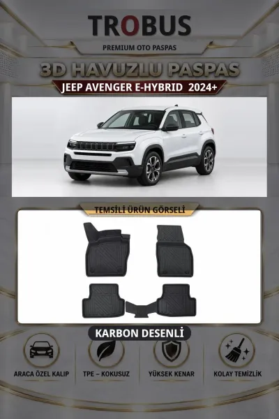 Jeep Avenger e-Hybrid 2024+ Karbon Desenli Premium 3D Havuzlu Oto Paspas