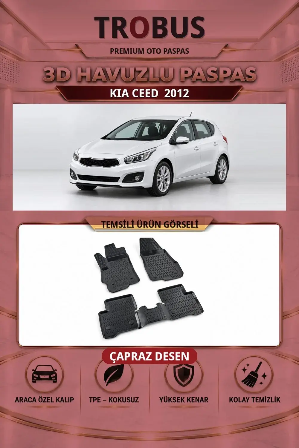 Kia Ceed 2012 Çapraz Desen 3D Havuzlu Oto Paspas Seti