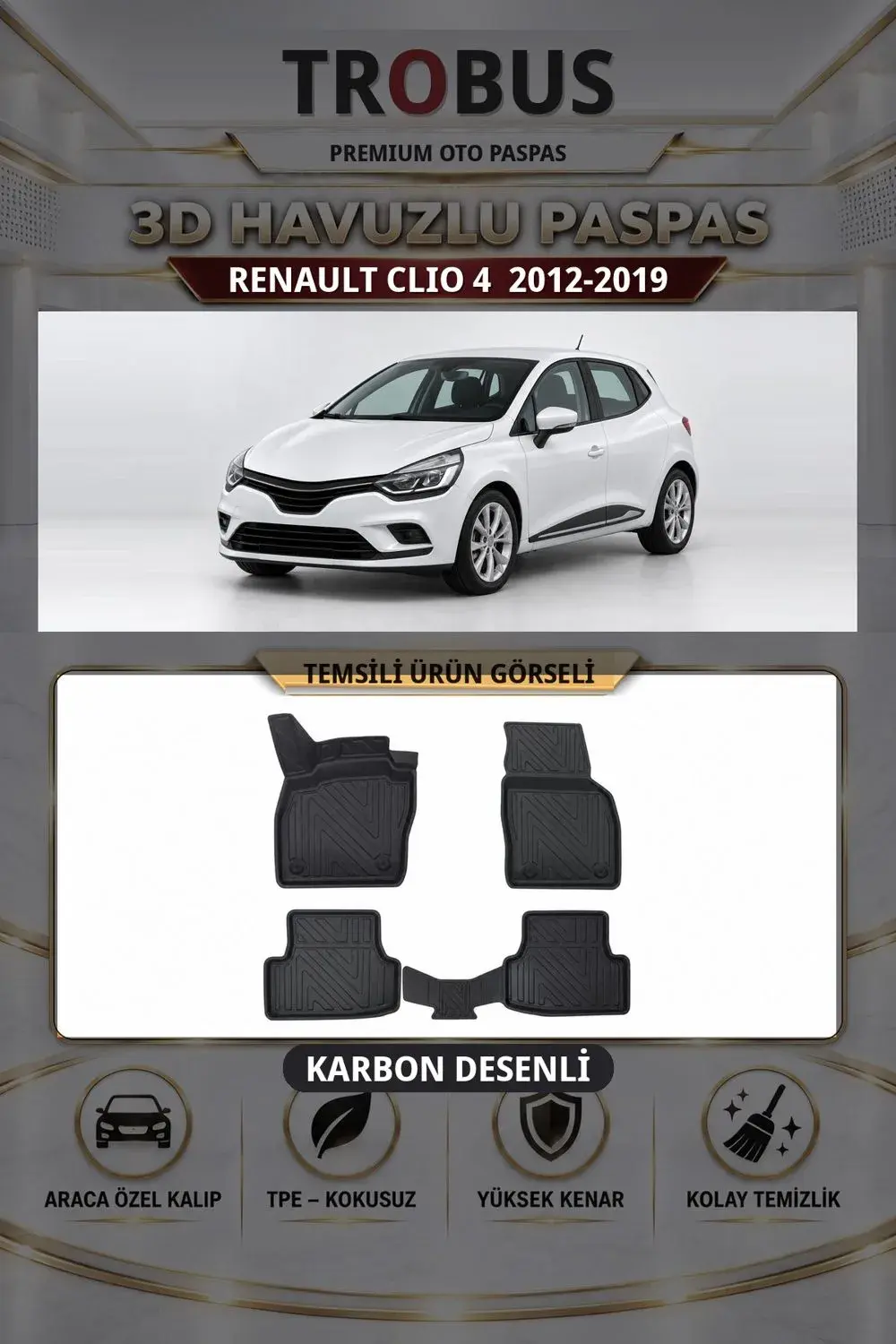 Renault Clio 4 2012-2019 Karbon Desenli Premium 3D Havuzlu Oto Paspas