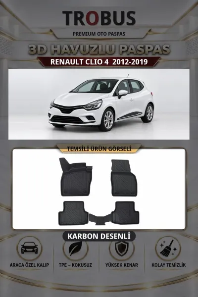 Renault Clio 4 2012-2019 Karbon Desenli Premium 3D Havuzlu Oto Paspas
