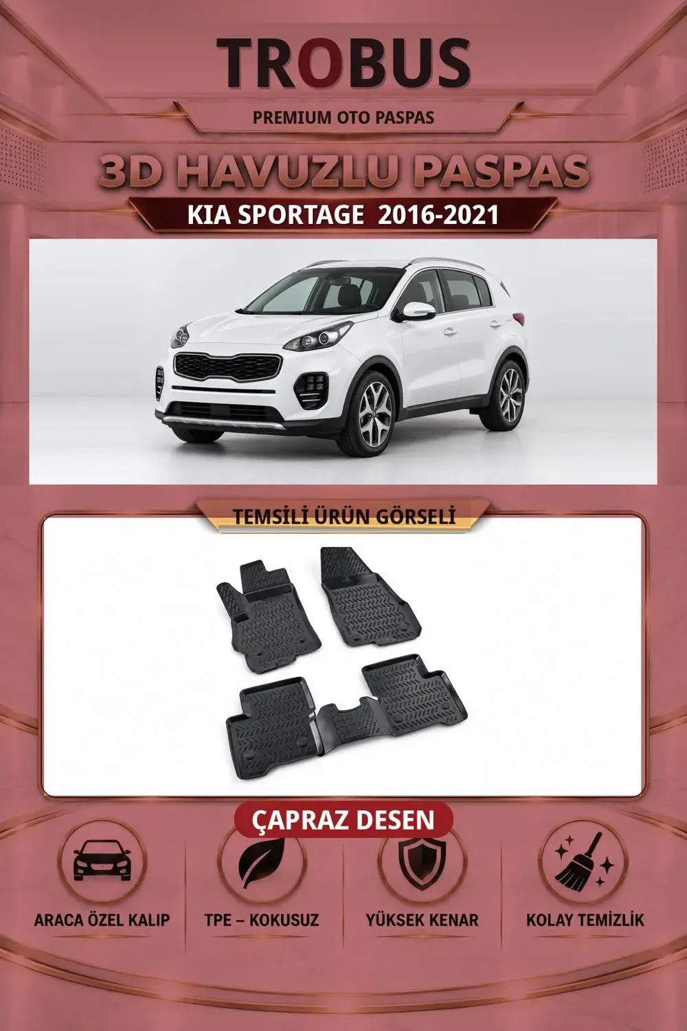 Kia Sportage 2016-2021 Çapraz Desen 3D Havuzlu Oto Paspas Seti