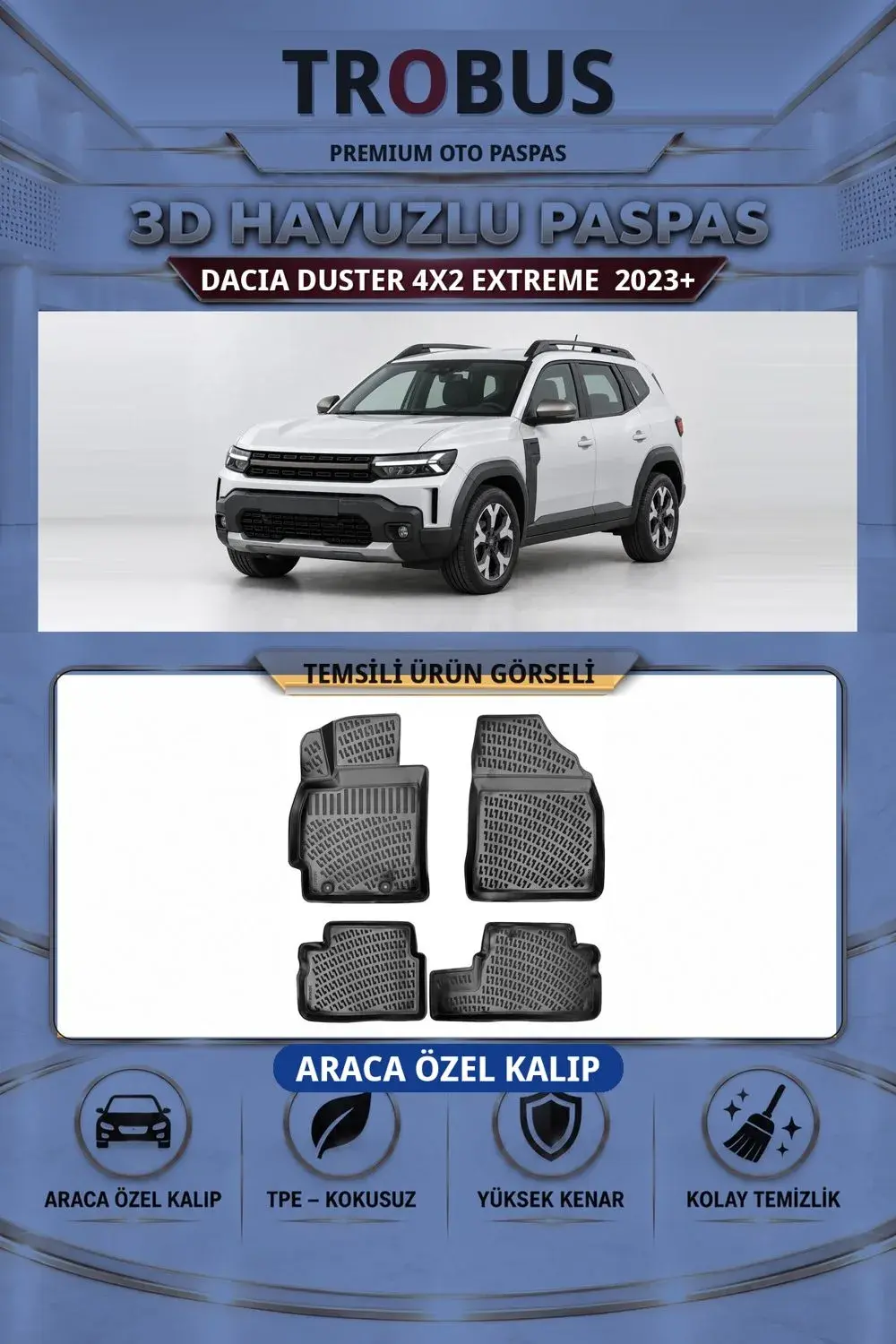 Dacia Duster 4X2 Extreme 2023+ Araca Özel 3D Havuzlu Paspas Siyah - İtibar