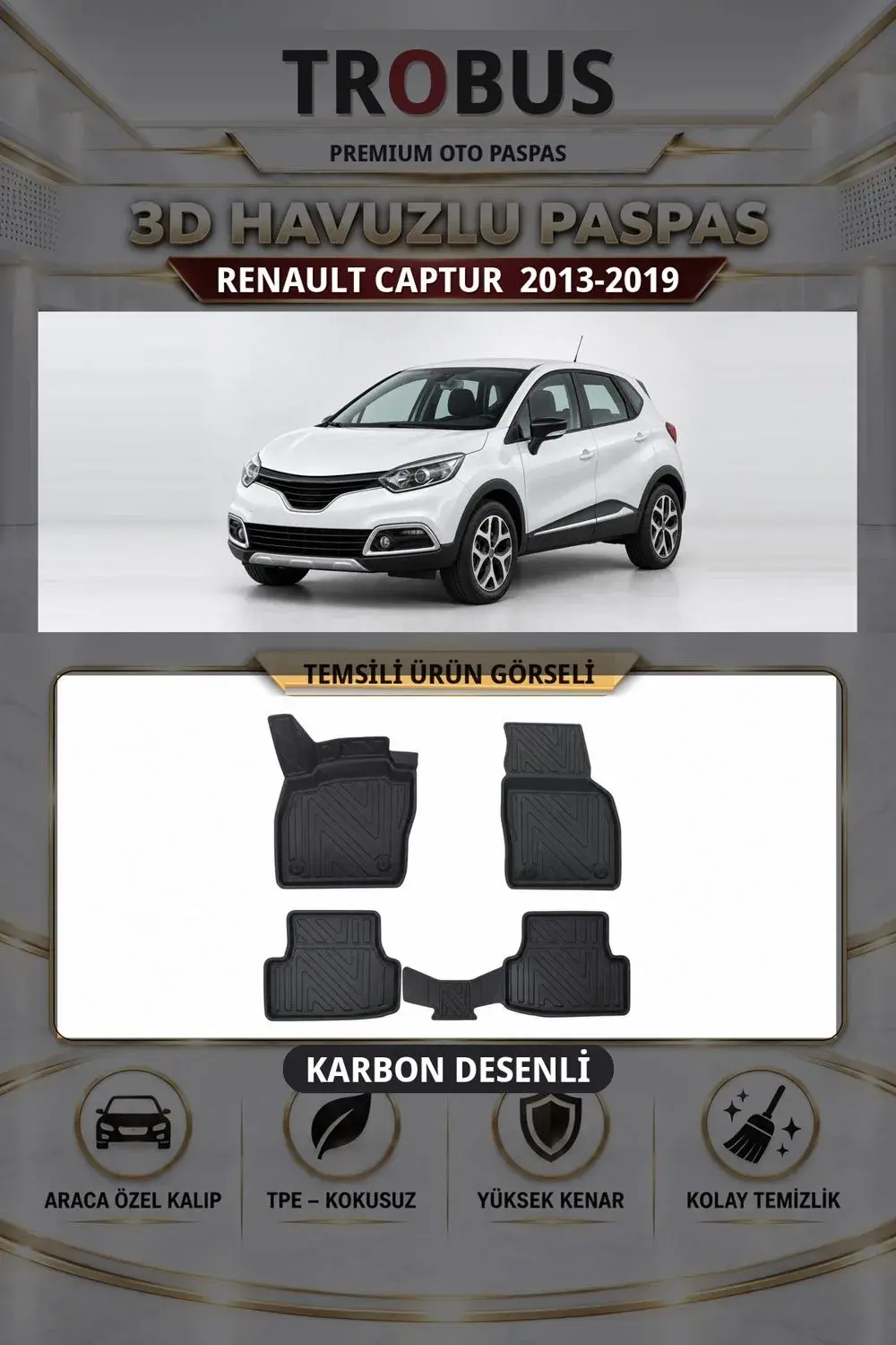 Renault Captur 2013-2019 Karbon Desenli Premium 3D Havuzlu Oto Paspas