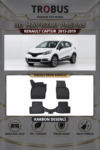 Renault Captur 2013-2019 Karbon Desenli Premium 3D Havuzlu Oto Paspas